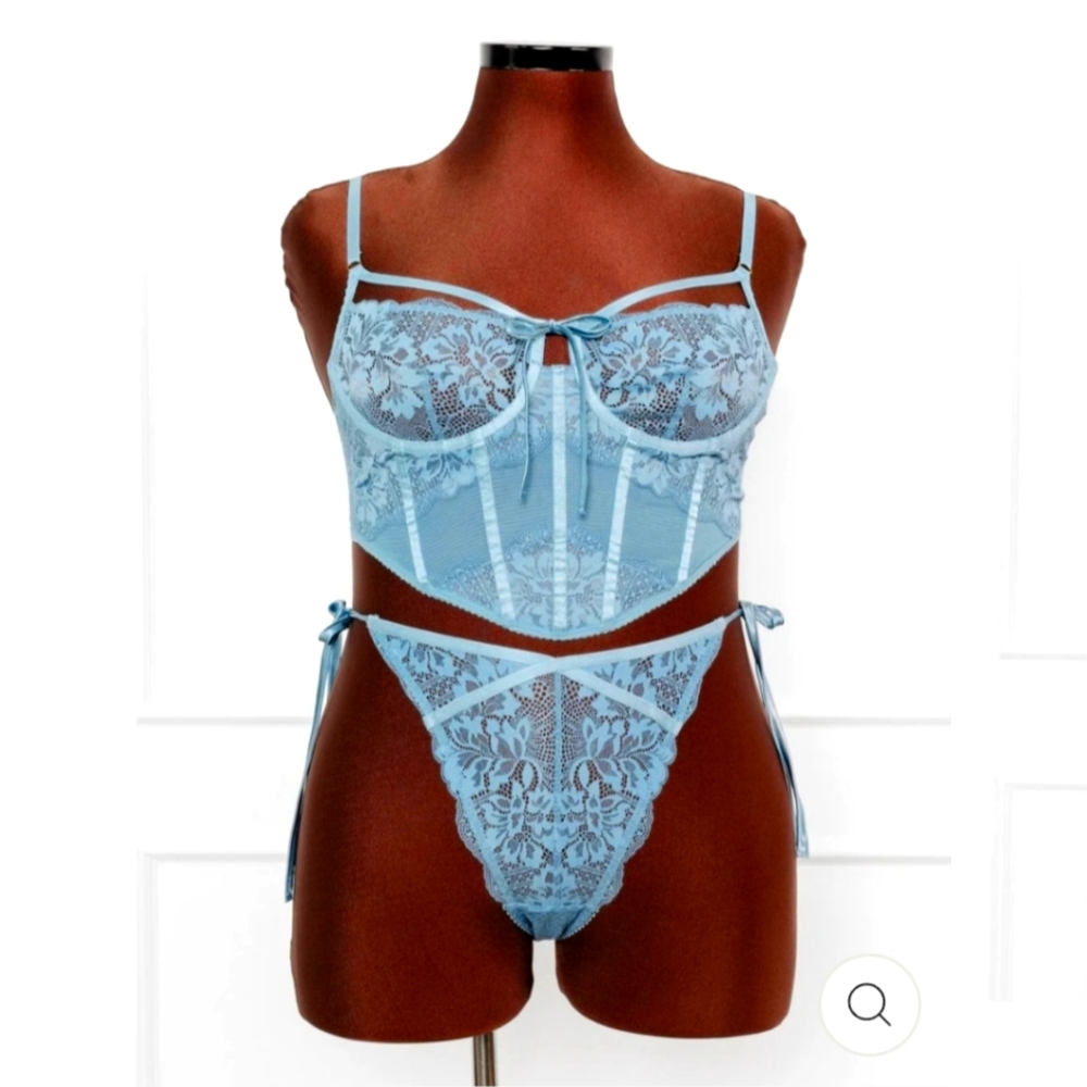 Mentionables Lacy Underwire Corset and Panty - Frost Blue